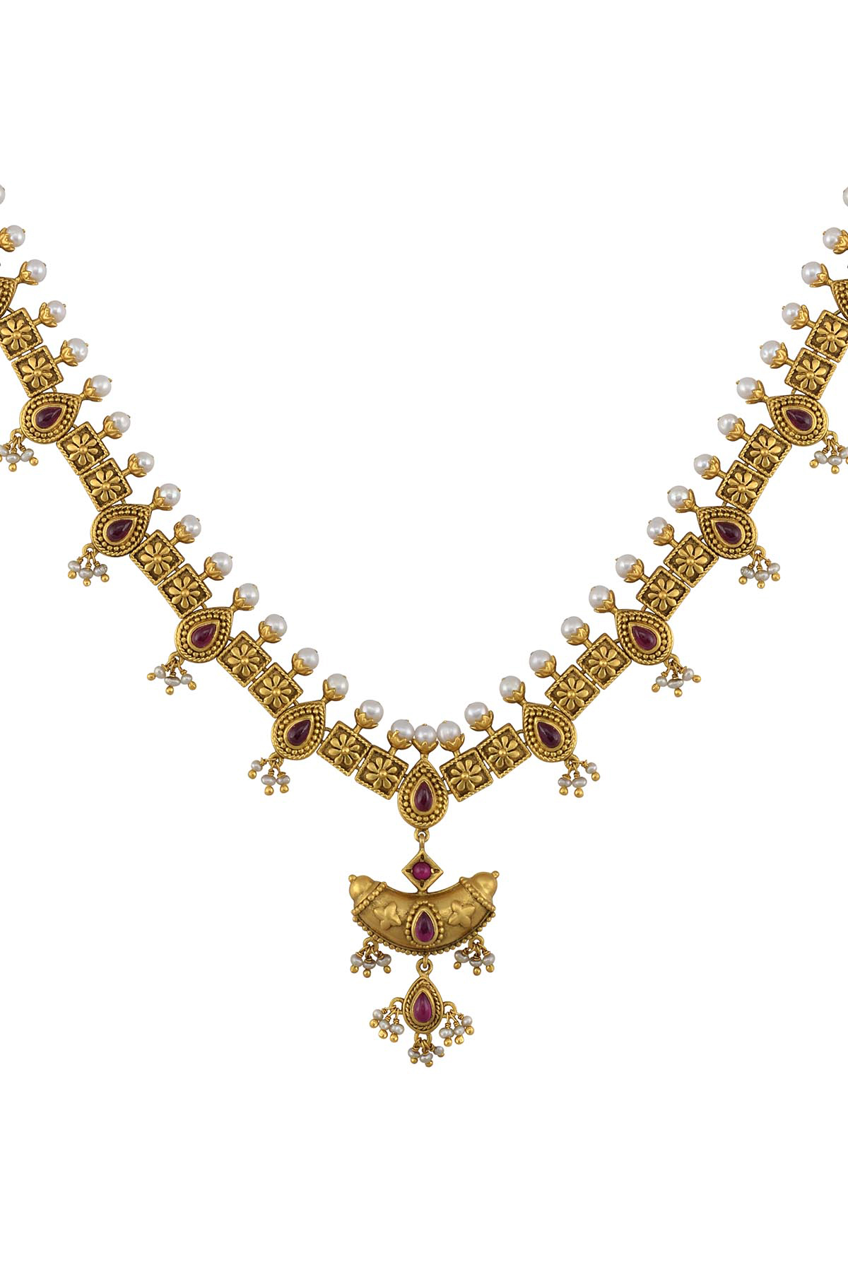 Silver Gold Plated Traditional Motif Glass Pearl Long Necklace