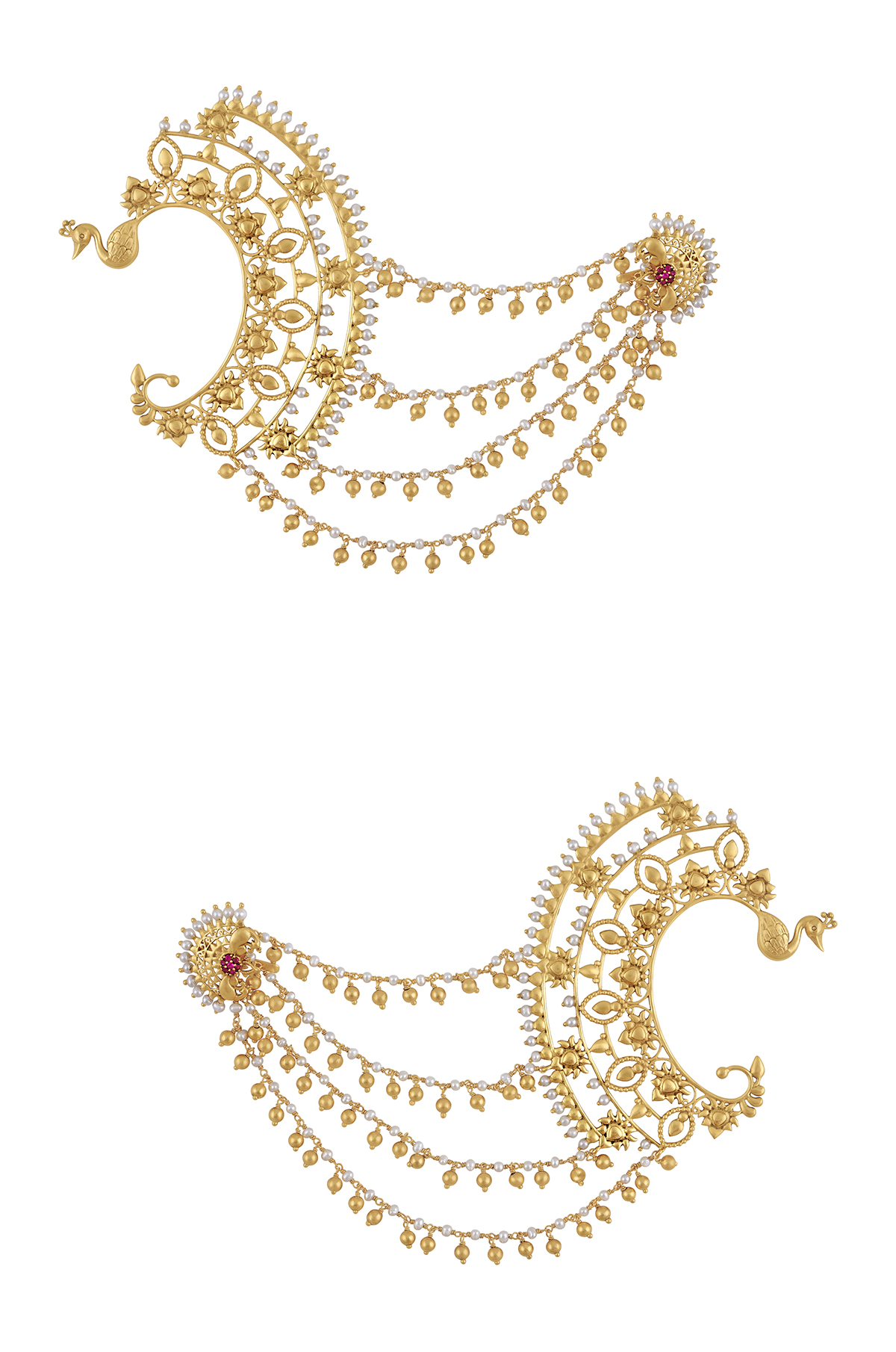 Gold Plated Silver Peacock Earcuffs with Hairchain